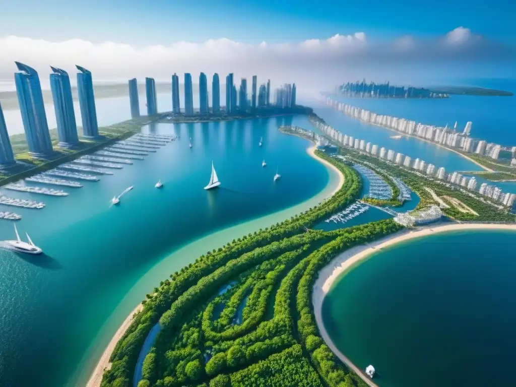 Skyline ecofuturista: ciudad costera en armonía con la naturaleza Una ciudad costera futurista con rascacielos ecoamigables y energías renovables, en armonía con la naturaleza