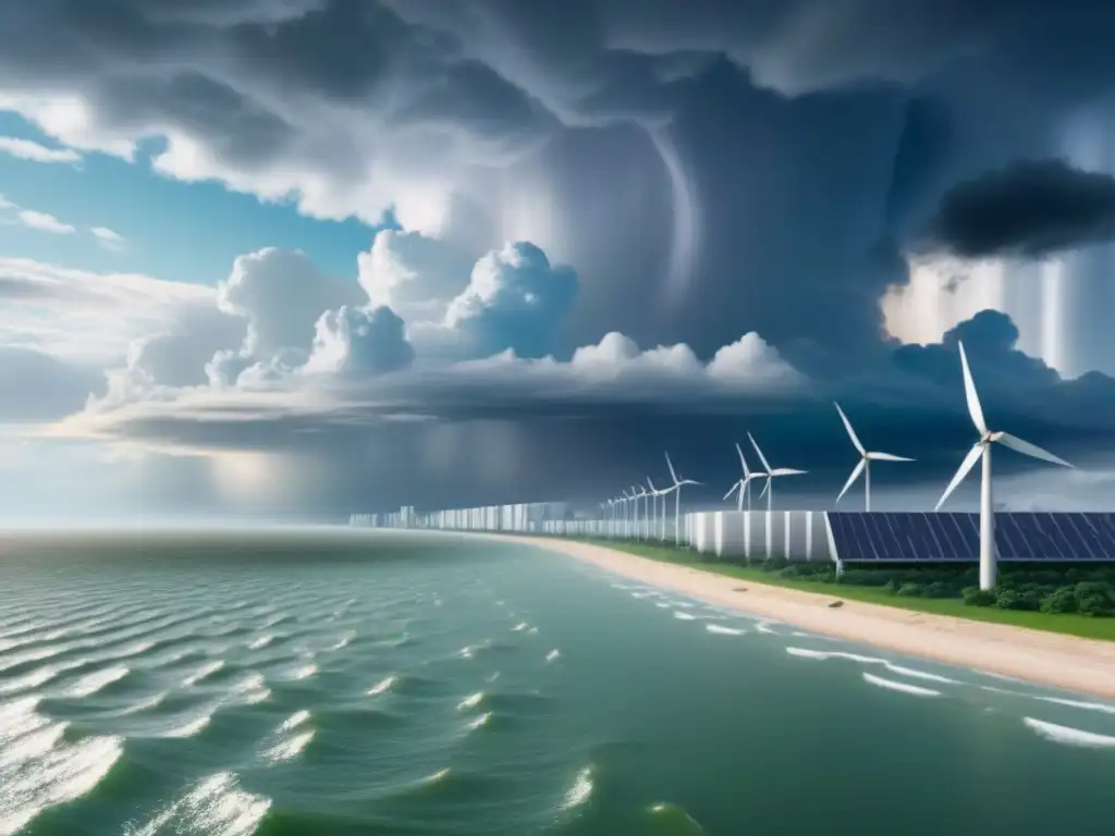 Metrópolis futurista: arquitectura resiliente ante el cambio climático Ciudad costera futurista segura ante cambios climáticos con arquitectura climáticamente adaptativa