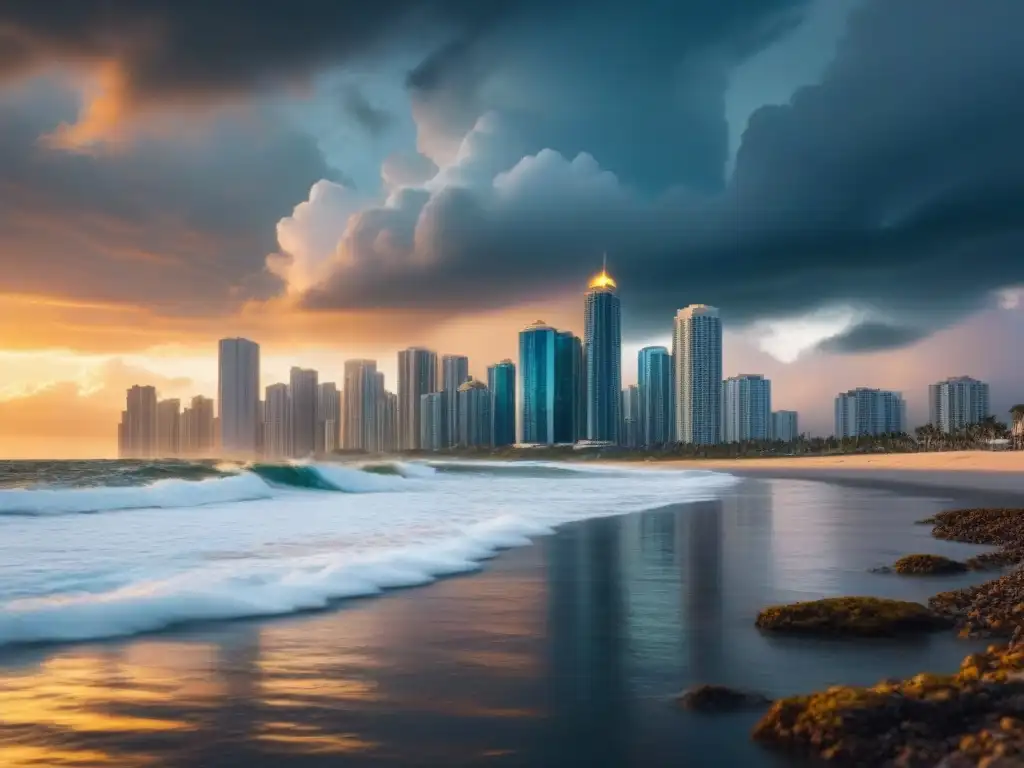 Skyline costero: contraste urbano y vulnerabilidad ambiental Una ciudad costera moderna al atardecer, entre un mar sereno y nubes amenazantes