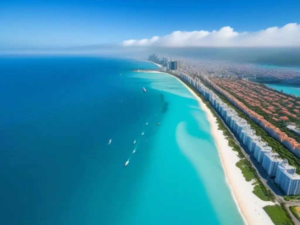 Esplendor costero: modernidad y tradición en ciudad turística Una ciudad costera vibrante con arquitectura moderna e histórica, playas prístinas, turistas y locales disfrutando del día soleado