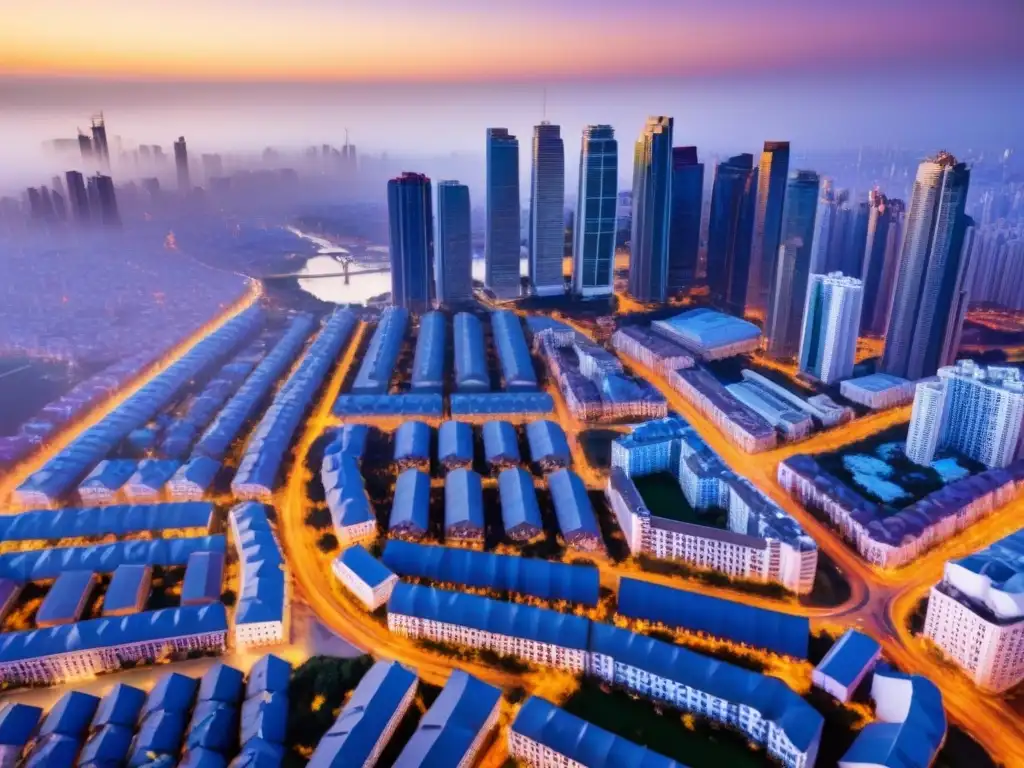 Contrastes urbanos: arquitectura tradicional y moderna al atardecer Una ciudad en desarrollo: contrastes entre lo antiguo y lo moderno bajo la cálida luz del atardecer