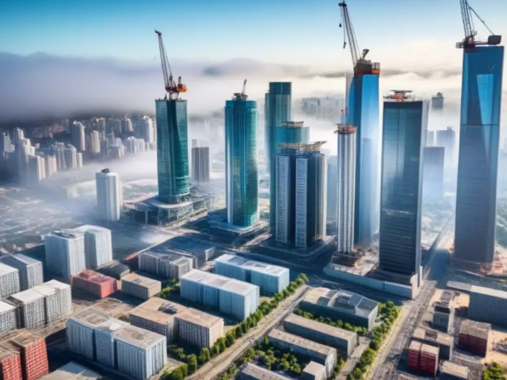 Cityscape en 8k: auge urbano y riesgos inmobiliarios Una ciudad en desarrollo con rascacielos y grúas, reflejando riesgos de burbuja inmobiliaria en economías emergentes
