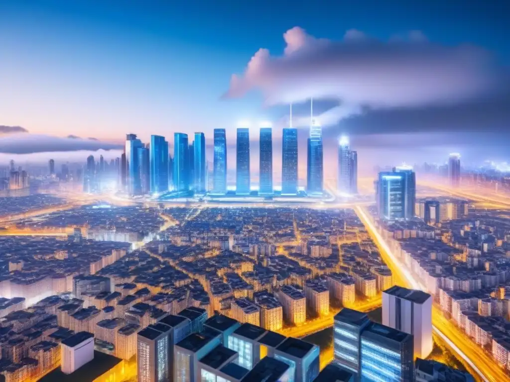 Metrópolis digital futurista con blockchain inmobiliario Una ciudad digital futurista con rascacielos transparentes que muestran redes blockchain interconectadas, simbolizando la transformación de títulos de propiedad a través de la tecnología blockchain