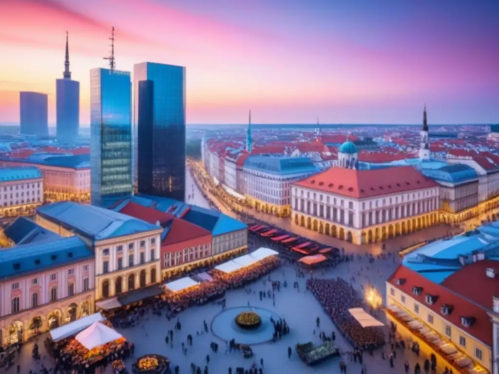 Paisaje urbano vibrante de una ciudad en Europa del Este Una ciudad dinámica de Europa del Este, con arquitectura histórica y rascacielos modernos bajo un hermoso atardecer