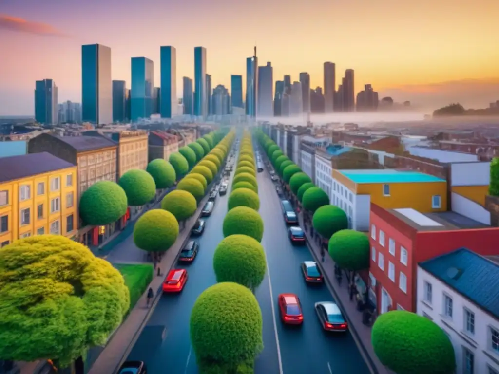 Metrópolis en movimiento: migración interna y mercado inmobiliario Una ciudad dinámica con rascacielos, edificios históricos y gente diversa, reflejando la migración interna en los mercados inmobiliarios