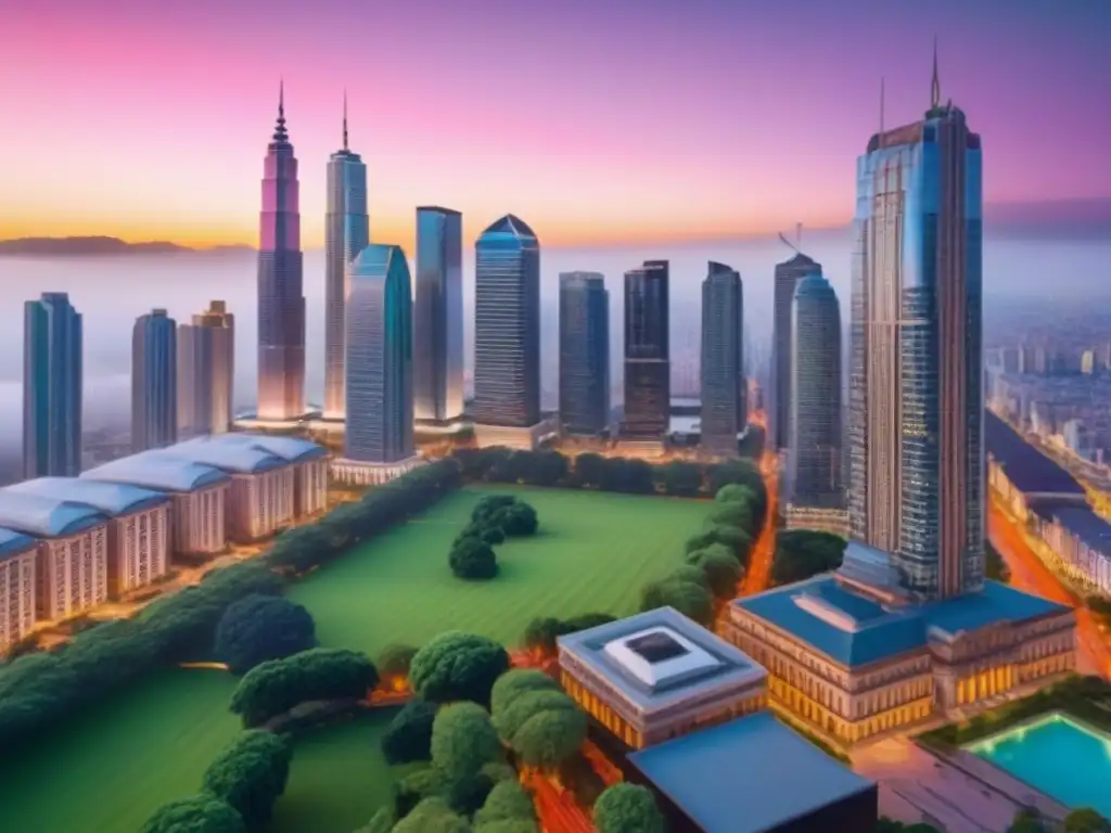 Cityscape diverso: inversión inmobiliaria internacional vibrante Una ciudad diversa con rascacielos modernos y edificios históricos, rodeada de espacios verdes