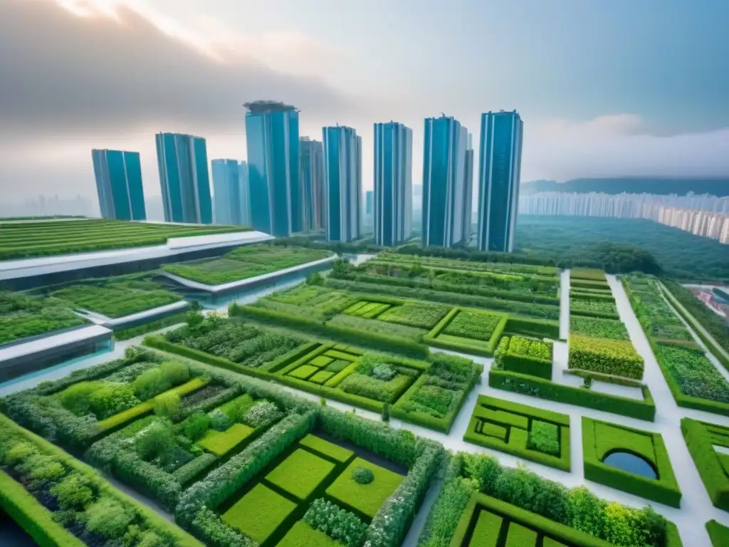 Metrópolis ecoamigable: un crisol de naturaleza y modernidad Una ciudad ecoamigable con edificios sostenibles, techos verdes y paneles solares, simbolizando oportunidades de inversión inmobiliaria sostenible
