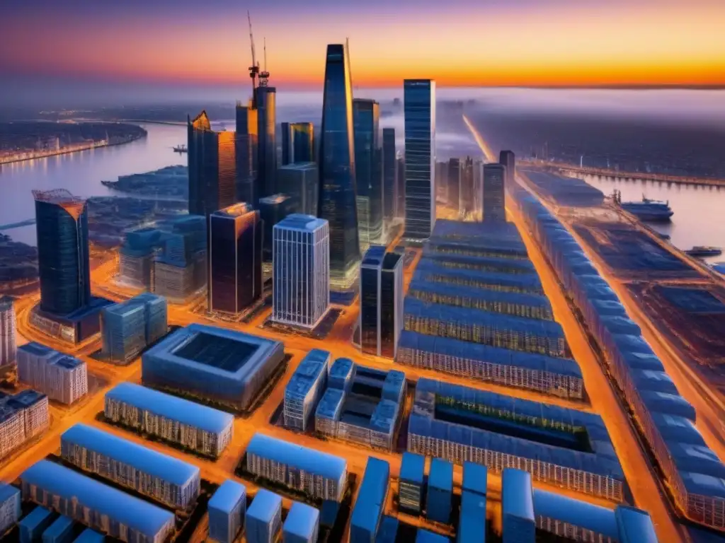 Metrópolis emergente: skyline moderno y vibrante en 8k Una ciudad emergente llena de vida y negocios, reflejando el crecimiento en financiamiento proyectos inmobiliarios economías emergentes