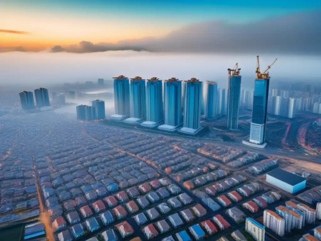 Transformación urbana en país en desarrollo: modernidad y tradición Transformación dinámica en una ciudad emergente, entre rascacielos y casas tradicionales, con grúas en el horizonte