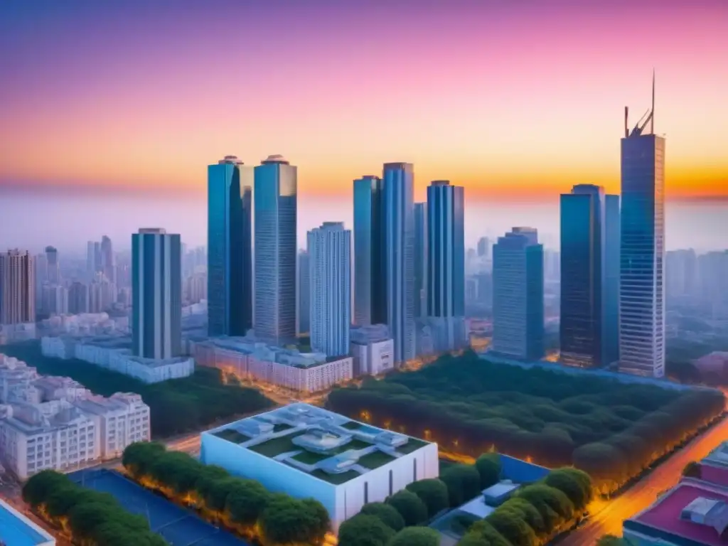Cityscape vibrante: mercado emergente con arquitectura diversa Una ciudad emergente con vibrante energía urbana y diversidad arquitectónica