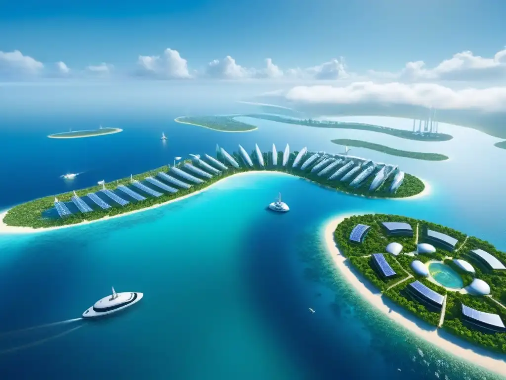 Metrópolis futurista en el mar: arquitectura sostenible e innovadora Una ciudad flotante futurista, con arquitectura sostenible innovadora y naturaleza exuberante, rodeada de vida marina