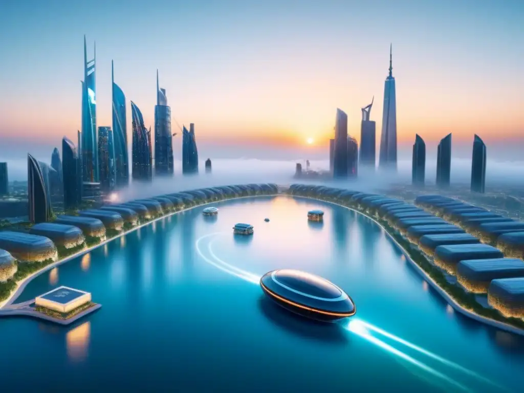 Metrópolis flotante futurista con hologramas y vehículos voladores Una ciudad flotante futurista con edificios modernos, transporte avanzado y espacios verdes, rodeada de un océano cristalino