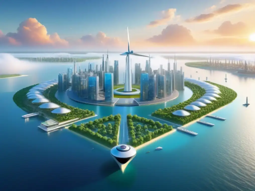 Metrópolis flotante ecoinnovadora al atardecer Una ciudad flotante futurista con tecnología sostenible y arquitectura moderna, rodeada de aguas cristalinas al atardecer