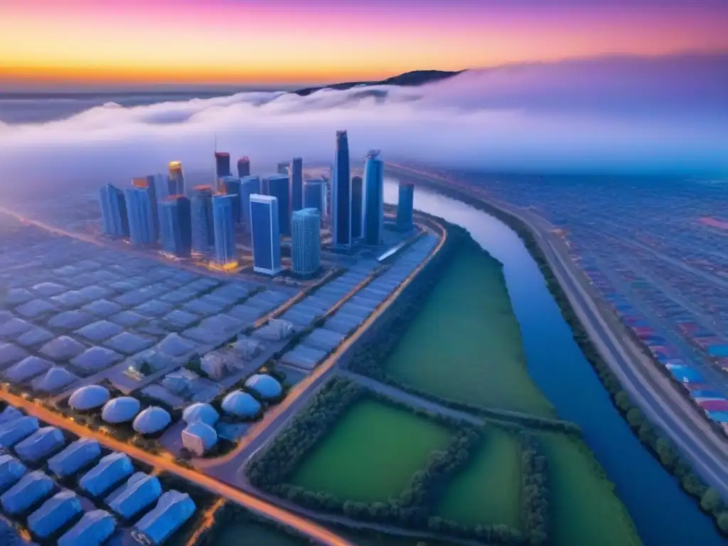 Oportunidades inmobiliarias fronterizas: crecimiento y modernidad al atardecer Una ciudad fronteriza bulliciosa al atardecer, fusionando rascacielos modernos con arquitectura tradicional