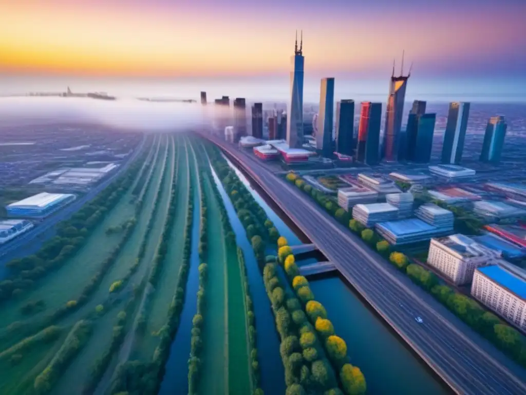 Vista aérea impactante de ciudad fronteriza vibrante al atardecer Ciudad fronteriza en crecimiento inmobiliario con río majestuoso, arquitectura histórica y modernos rascacielos al atardecer