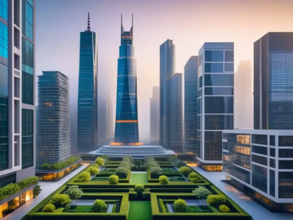 Futurismo urbano: Ciudad innovadora al atardecer Una ciudad futurista con arquitectura innovadora y profesionales colaborando, simbolizando el 'Crowdfunding inmobiliario: riesgos y recompensas'