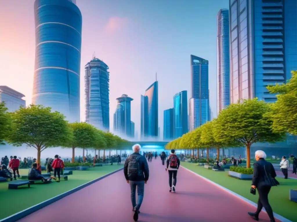 Metrópolis futurista: ciudad anciana activa en parques verdes Una ciudad futurista al anochecer con arquitectura innovadora, parques verdes y actividades para adultos mayores