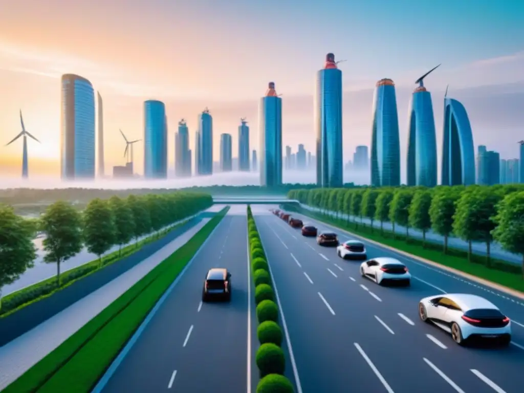 Skyline futurista: arquitectura sostenible y vida urbana en armonía Amanecer en la ciudad futurista, mezcla arquitectura moderna y vida sostenible