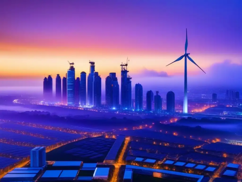 Horizonte futurista: ciudad ecológica iluminada al anochecer Una ciudad futurista al atardecer con edificios ecológicos iluminados, integrando turbinas eólicas y paneles solares
