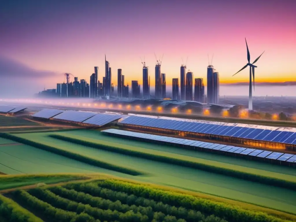 Una ciudad futurista al atardecer con edificios sostenibles y energía renovable, destacando la reducción de huella de carbono en la construcción