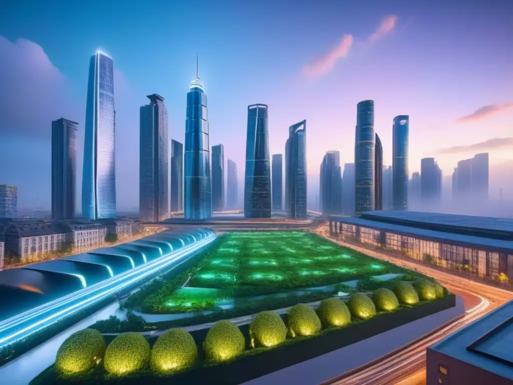 Metrópolis futurista: tecnología innovadora en un paisaje urbano sostenible Una ciudad futurista al atardecer con edificios innovadores y tecnología avanzada