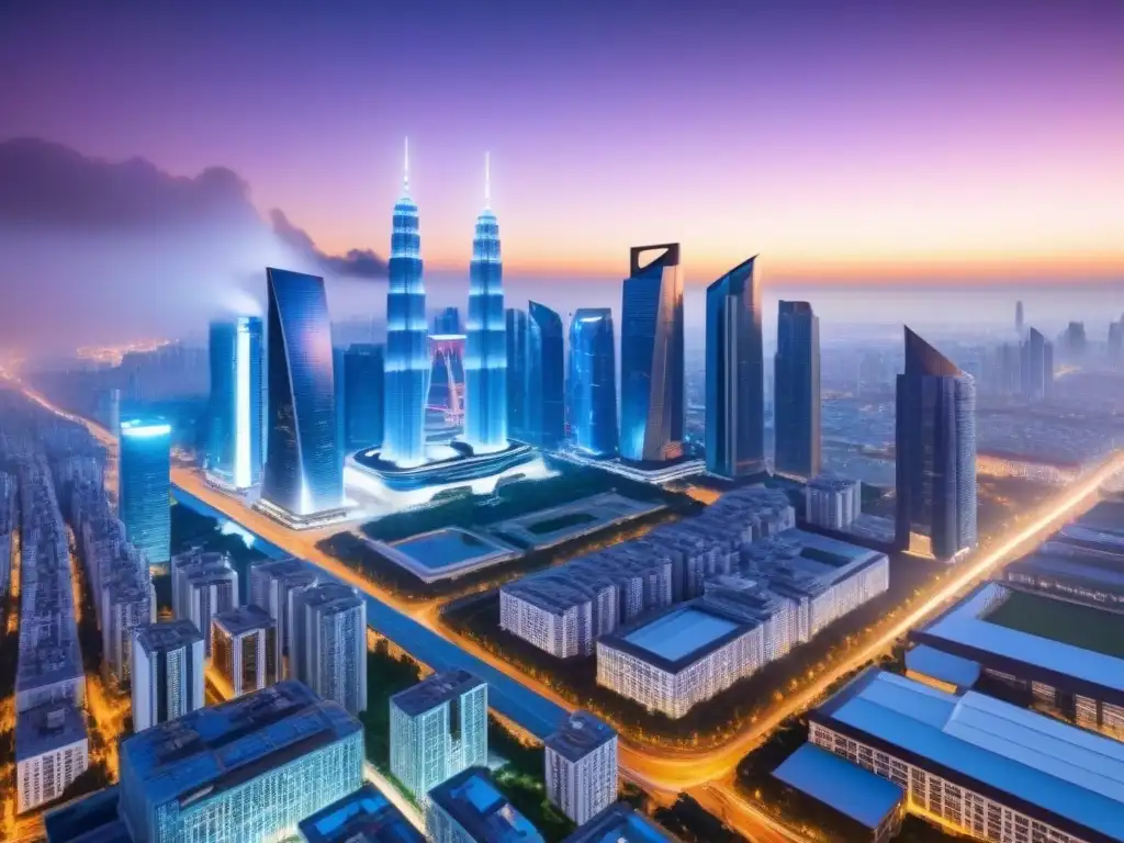 Metrópolis futurista: arquitectura inteligente y AI revolucionaria Una ciudad futurista al atardecer con rascacielos brillantes y sistemas de transporte de Inteligencia Artificial en el mercado inmobiliario