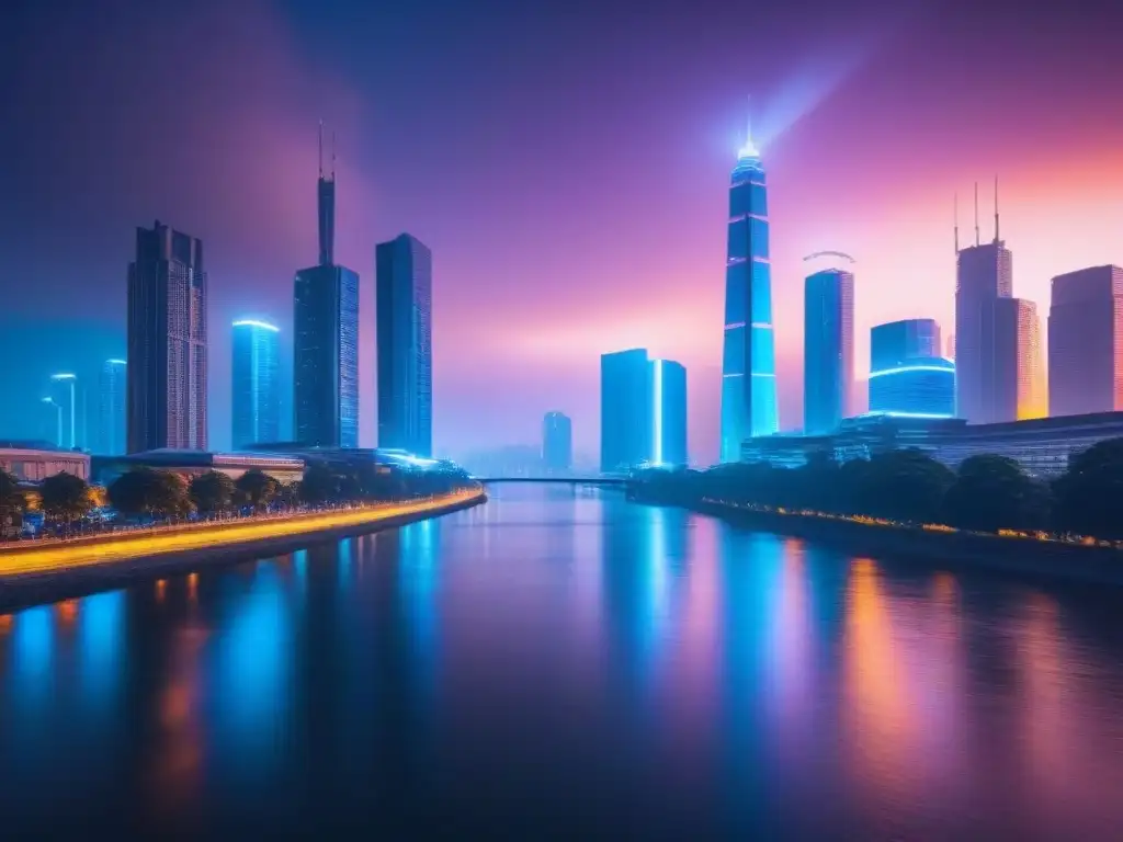 Horizonte futurista: fusión de arquitectura tradicional y criptomonedas Una ciudad futurista al atardecer con rascacielos iluminados por luces de neón, reflejándose en un río tranquilo