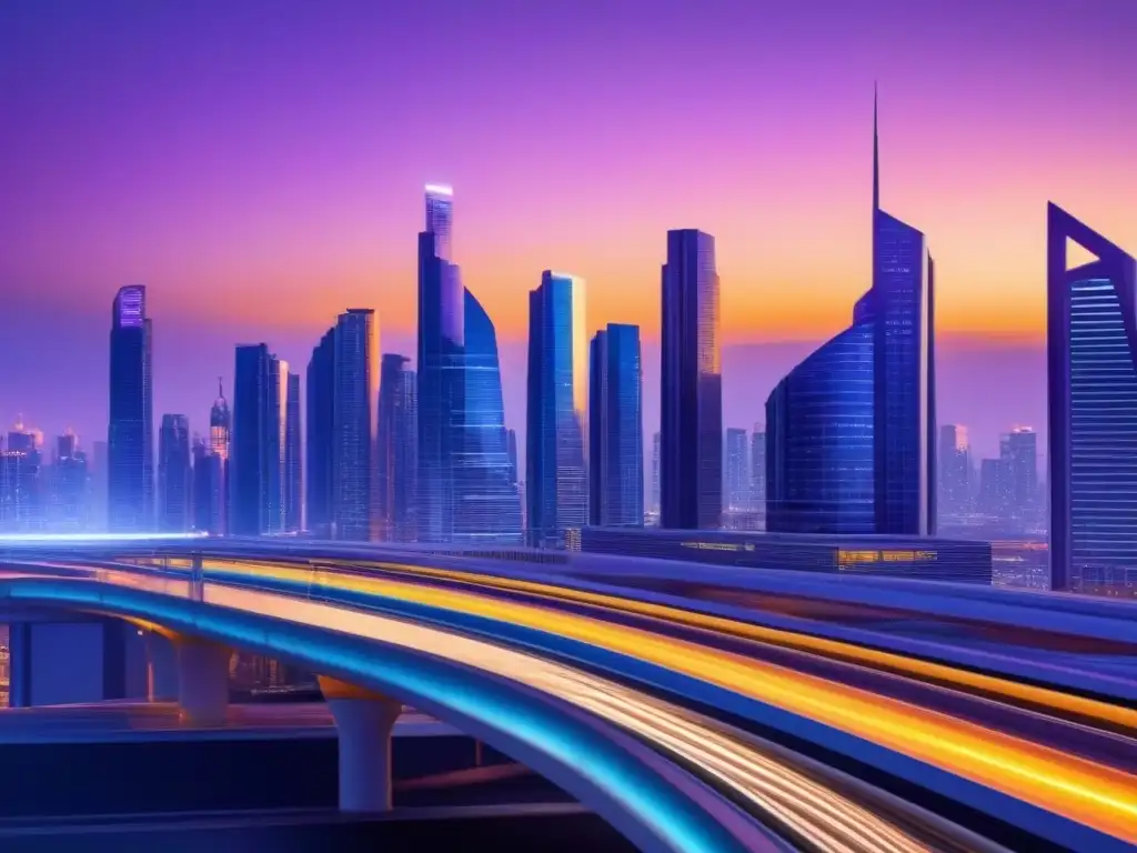 Horizonte futurista: ciudad innovadora al atardecer Una ciudad futurista al atardecer con rascacielos brillantes y sistemas de transporte avanzados