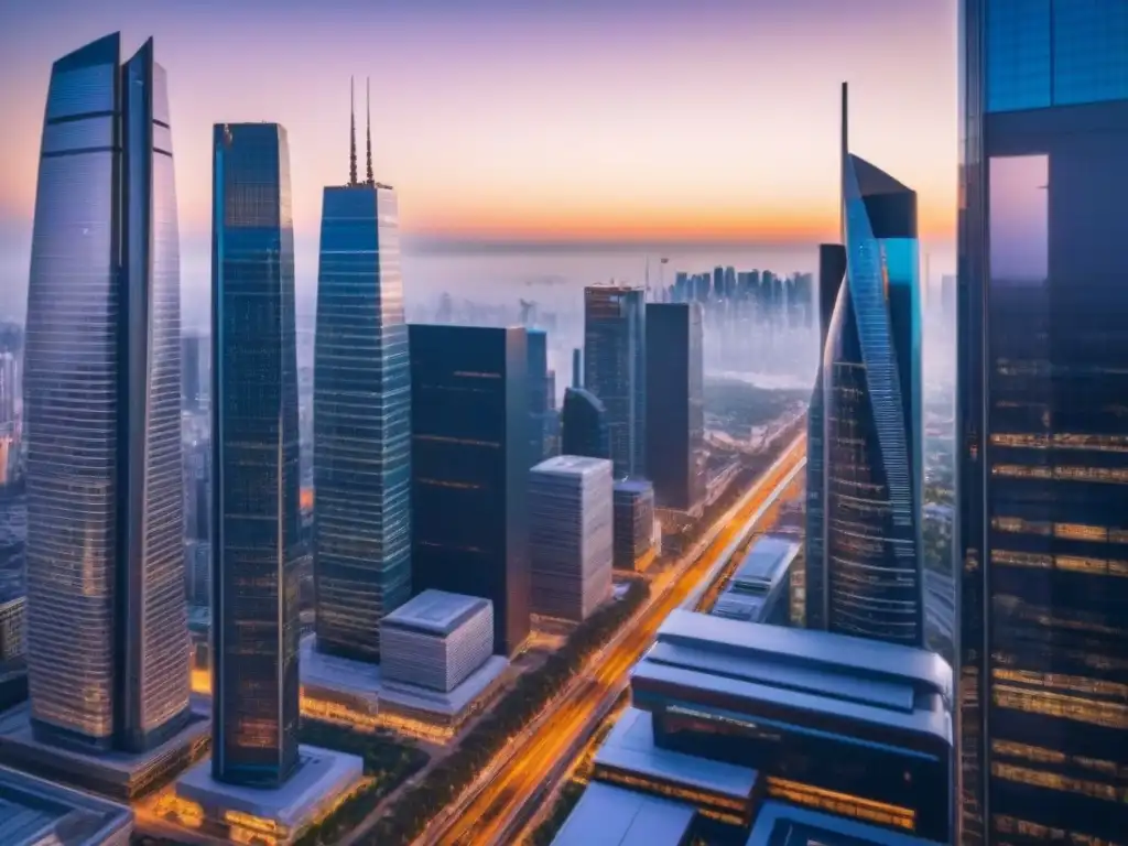 Metrópolis futurista: mezcla de tecnología legal y PropTech en la ciudad Una ciudad futurista al atardecer con rascacielos y avances tecnológicos, donde un dron entrega documentos legales a una oficina de alta tecnología