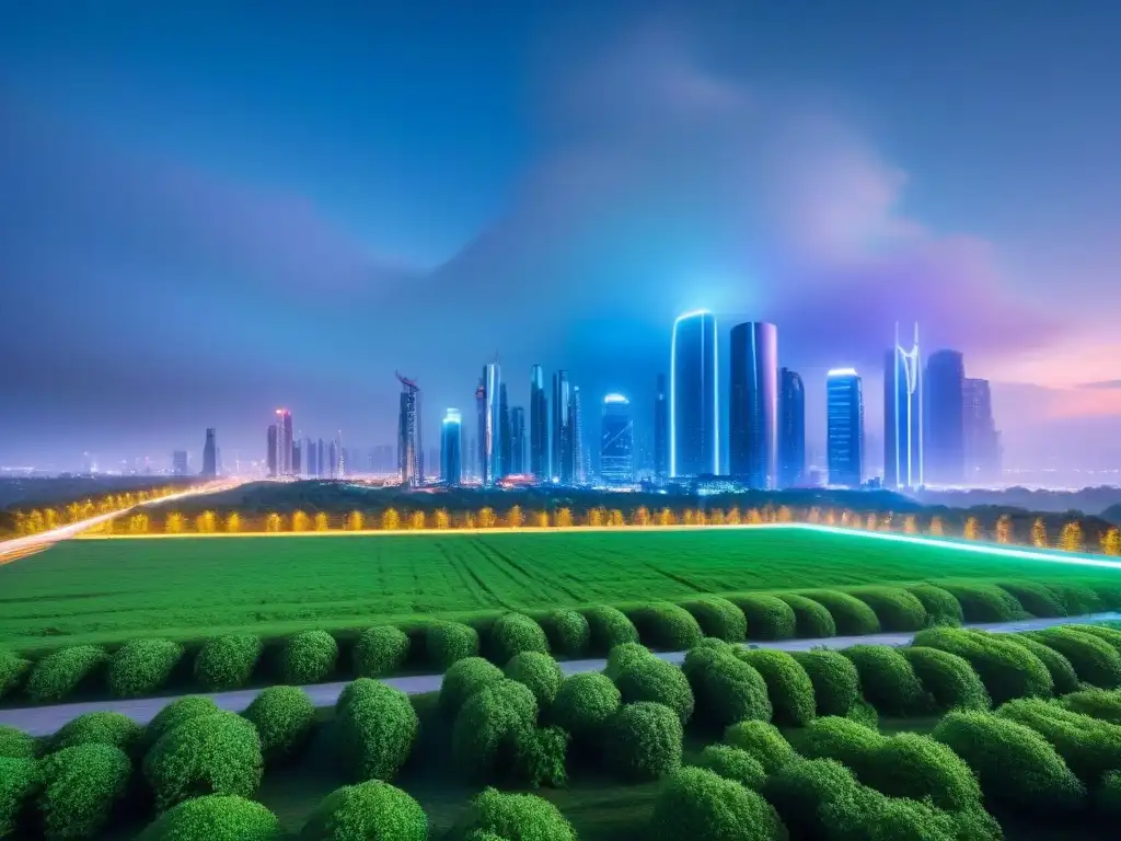 Metrópolis futurista: fusión de rascacielos y naturaleza en crecimiento Ciudad futurista al atardecer, mezcla de rascacielos y áreas verdes, reflejando crecimiento inmobiliario en ciudades fronterizas