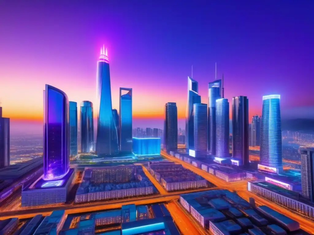 Metrópolis futurista: luces de neón y tecnología avanzada en 8k Una ciudad futurista al atardecer con rascacielos modernos, luces de neón y hologramas de datos financieros