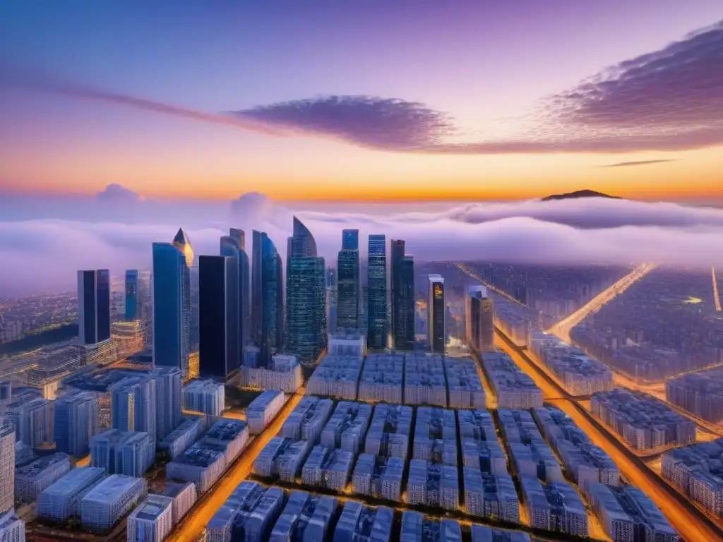 Metrópolis futurista: luces doradas, rascacielos y autos autónomos Una ciudad futurista bañada en la luz dorada del atardecer, con rascacielos imponentes y automóviles autónomos