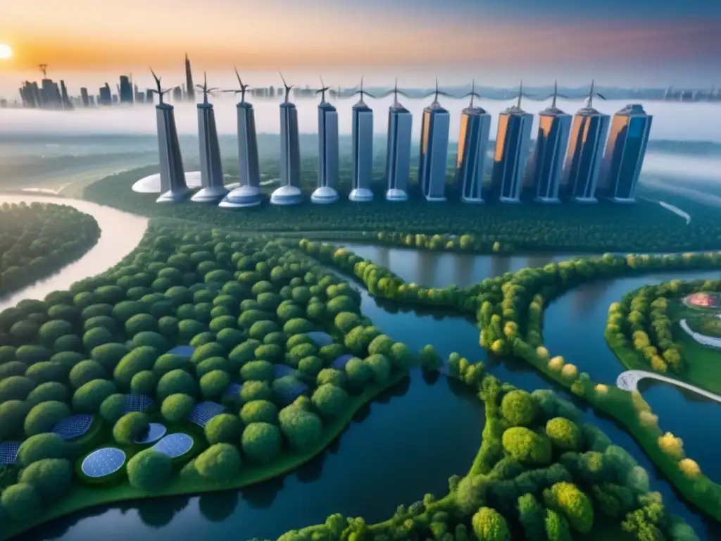 Skyline futurista: arquitectura biointegrada y sostenible Una ciudad futurista con bioarquitectura integrada y energía renovable, en armonía con la naturaleza al atardecer