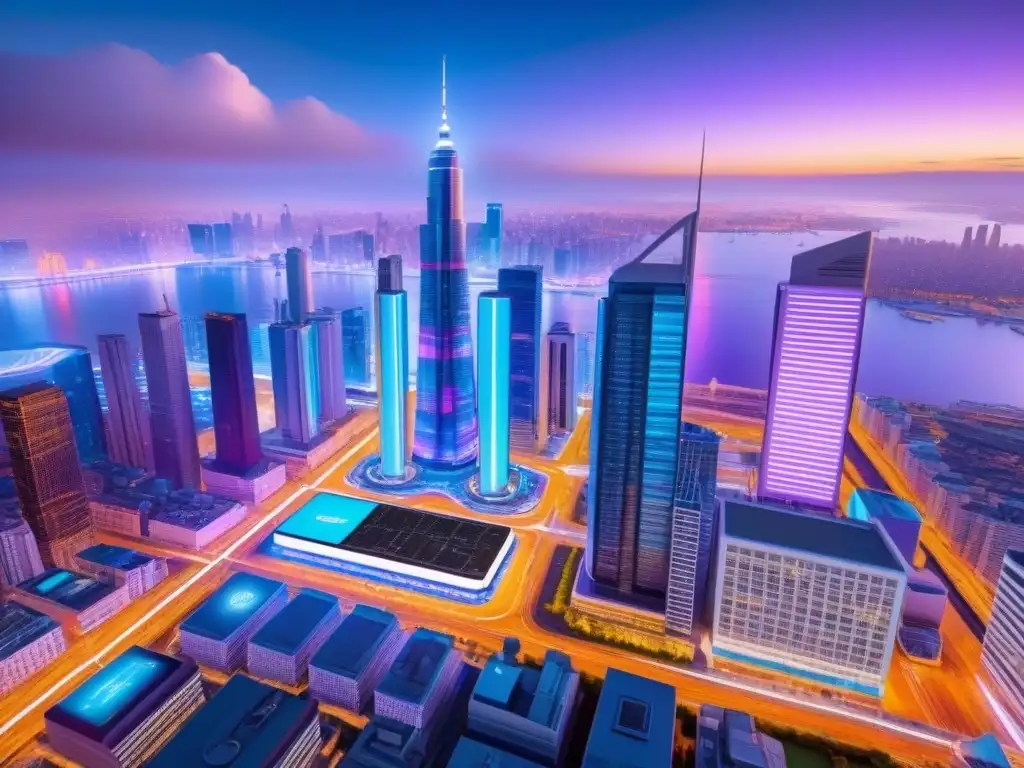 Futurismo urbano: Ciudad nocturna con IA y luces neón Una ciudad futurista con IA en branding inmobiliario: rascacielos iluminados por luces neón, drones y anuncios personalizados
