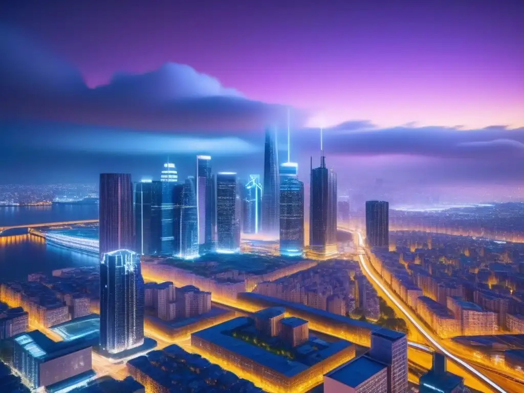 Inversión Inmobiliaria Futurista con Datos en Ciudad Brillante 8k Una ciudad futurista brillante de noche con datos y gráficos, simbolizando la Inteligencia de Ubicación en Inversiones