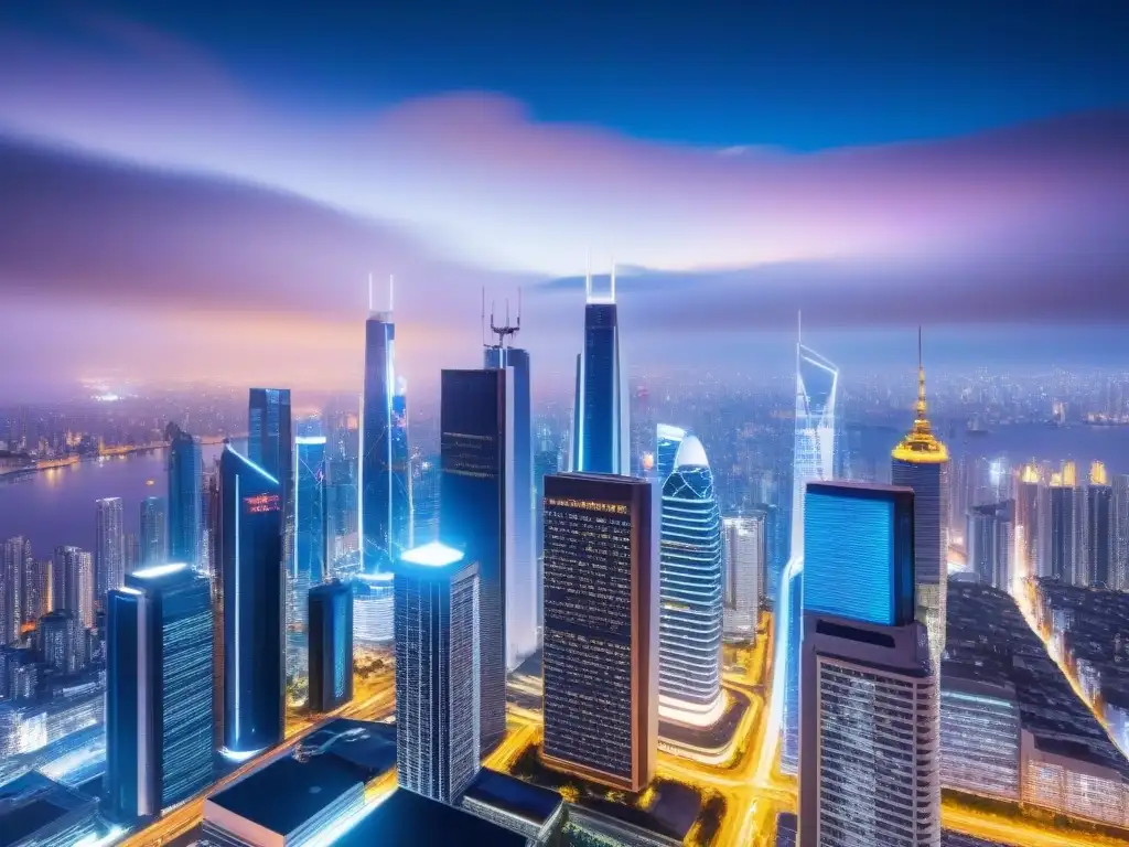 Metrópolis futurista: inversión inmobiliaria tecnológica Una ciudad futurista brillante con tecnología avanzada en la gestión de propiedades nube internacionales