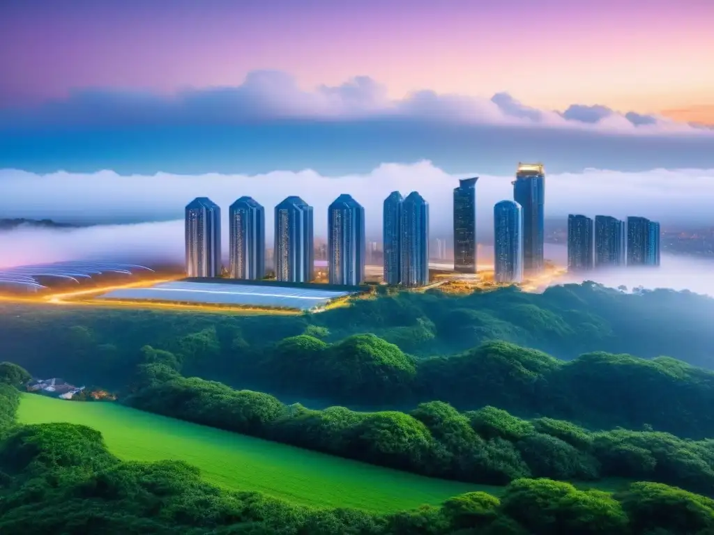 Horizonte urbano del futuro: edificios LEED brillantes en la noche Una ciudad futurista certificada LEED, con edificios sostenibles, energía eficiente y rodeada de naturaleza