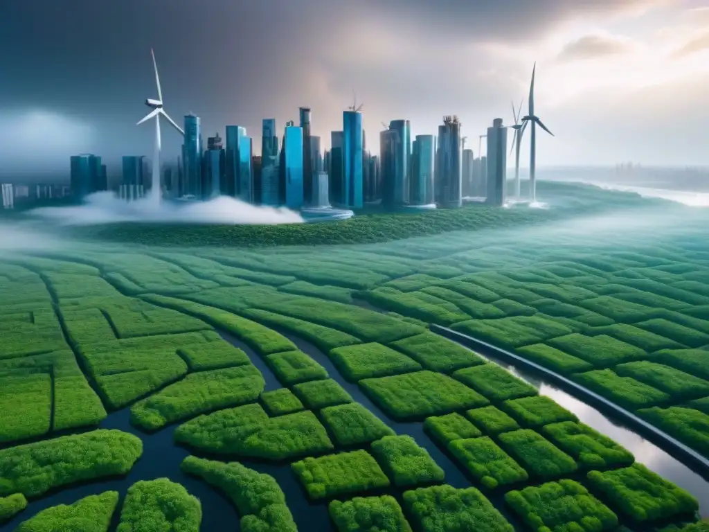 Skyline futurista: ciudad sostenible ante cambio climático Una ciudad futurista con desarrollo inmobiliario resiliente al cambio climático, integrando naturaleza y tecnología sostenible