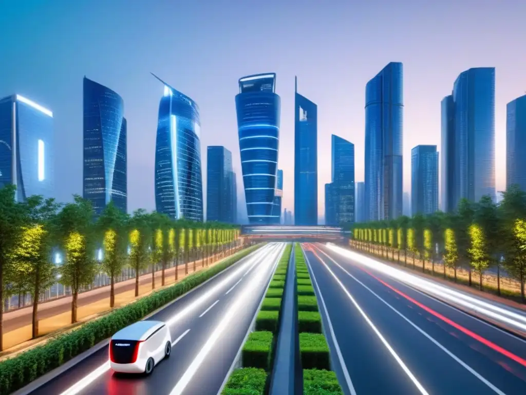 Metrópolis futurista: tecnología innovadora en la ciudad del mañana Una ciudad futurista al anochecer muestra desarrollos urbanos con tecnología innovadora