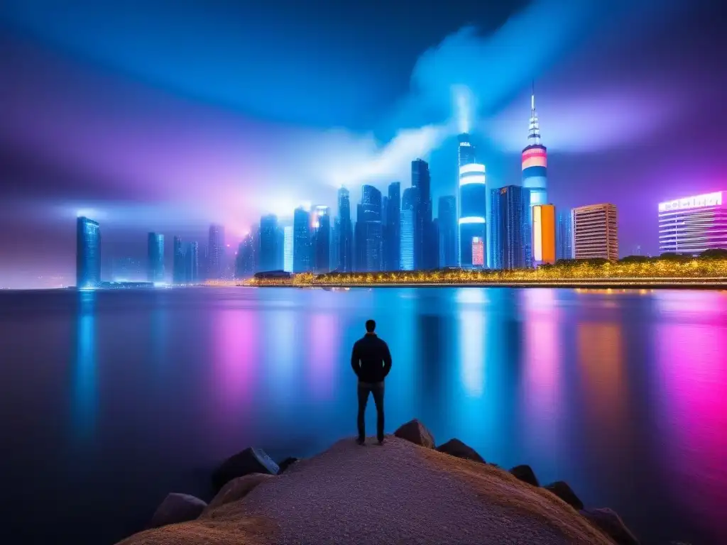 Horizonte urbano futurista: fusión de tradición y modernidad Una ciudad futurista y deslumbrante de noche, mezclando arquitectura tradicional con rascacielos modernos iluminados por luces de neón