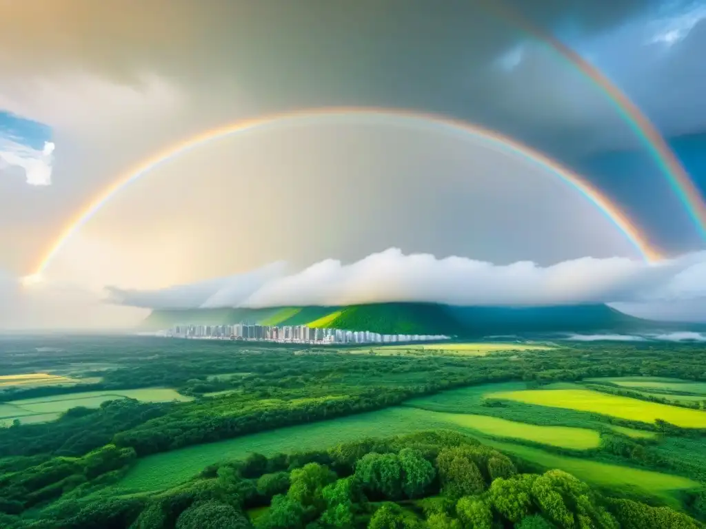 Metrópolis futurista sostenible: arquitectura resiliente bajo arcoíris Una ciudad futurista con diseño sostenible frente desastres naturales, rodeada de naturaleza y energía renovable