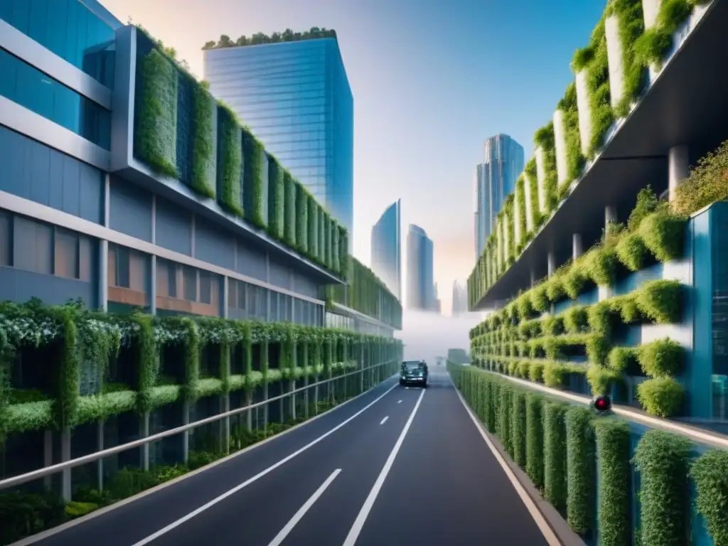 Metrópolis ecoamigable: arquitectura verde y futurista Una ciudad futurista ecoamigable con edificios verdes y jardines verticales, reflejando la armonía entre naturaleza y tecnología