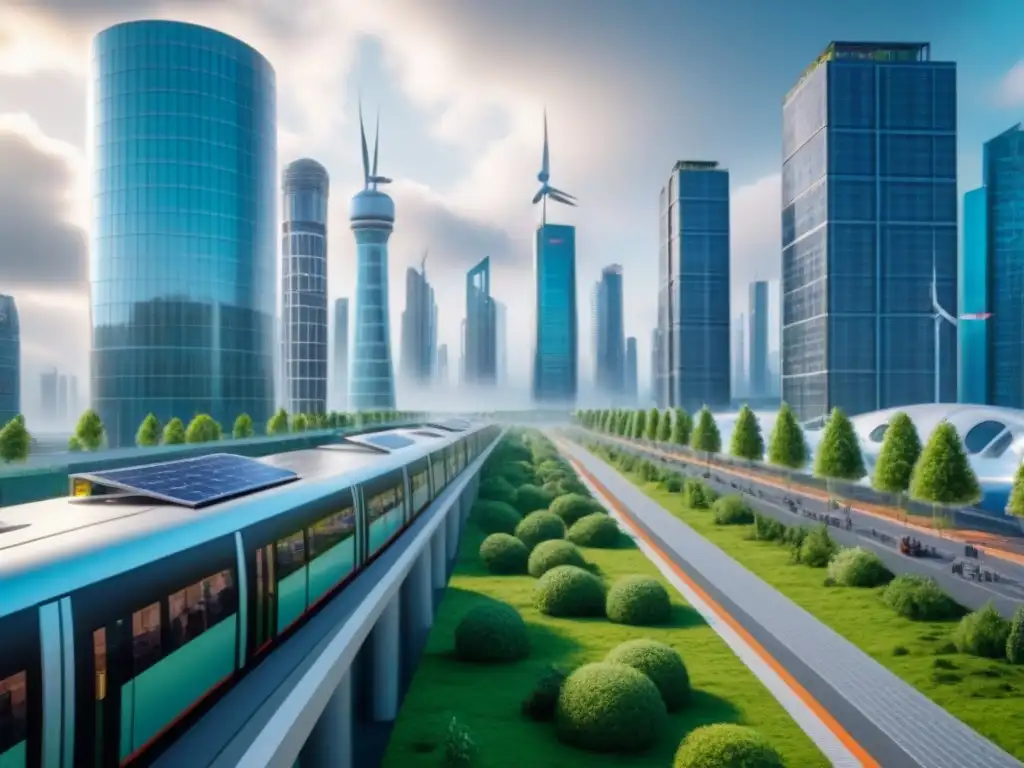 Espectacular ciudad ecoamigable del futuro en 8k ultradetallada Una ciudad futurista ecoamigable con edificios sostenibles y energía limpia