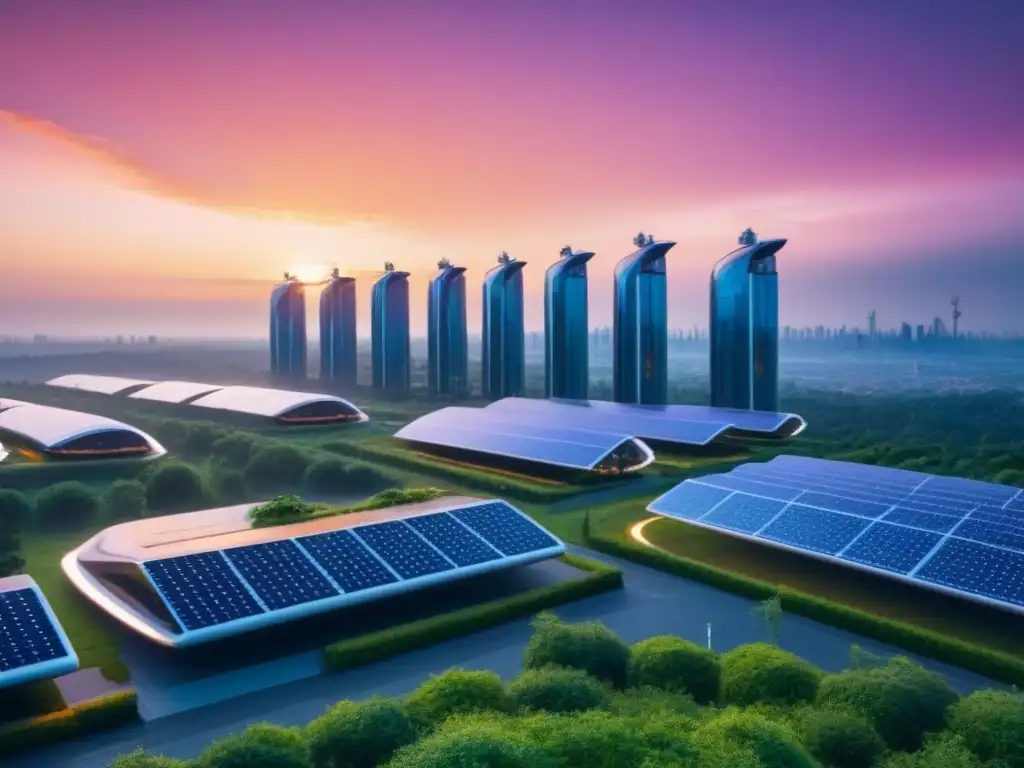 Smart city ecológica: skyline futurista al atardecer Una ciudad futurista ecoamigable al anochecer con tecnología verde en valoración inmobiliaria
