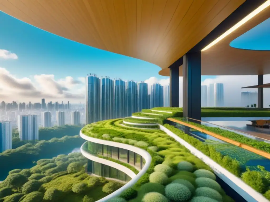 Metrópolis sostenible: arquitectura eco en armonía con la naturaleza Una ciudad futurista con edificaciones sostenibles de materiales ecoamigables como bambú, paneles solares y techos verdes, conectadas por vegetación y energía renovable