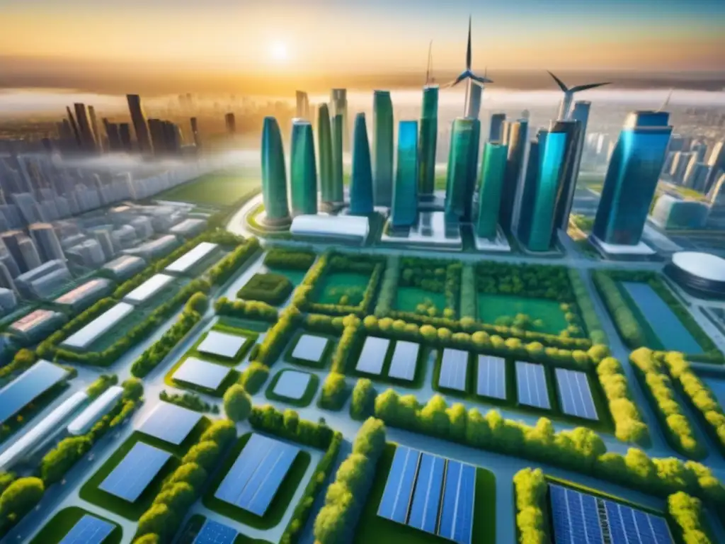 Metrópolis verde del futuro: arquitectura sostenible en 8k Una ciudad futurista con edificaciones verdes y tecnología inteligente