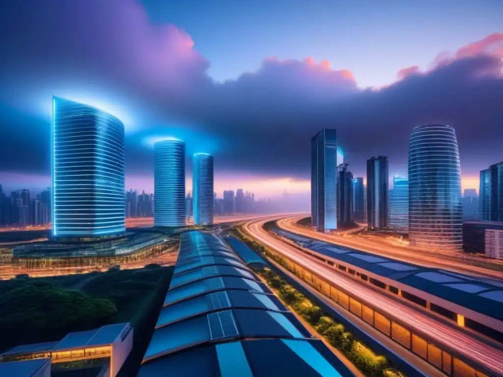 Metrópolis futurista: red de edificios high-tech iluminados al atardecer Una ciudad futurista al anochecer con edificios de alta tecnología interconectados y luces brillantes, reflejando innovación y sofisticación en inversiones internacionales en infraestructura TI
