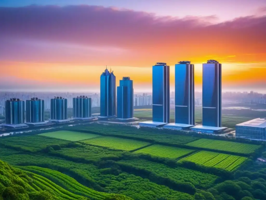 Metrópolis futurista: arquitectura verde y moderna al atardecer Una ciudad futurista con edificios altos interconectados y vegetación integrada