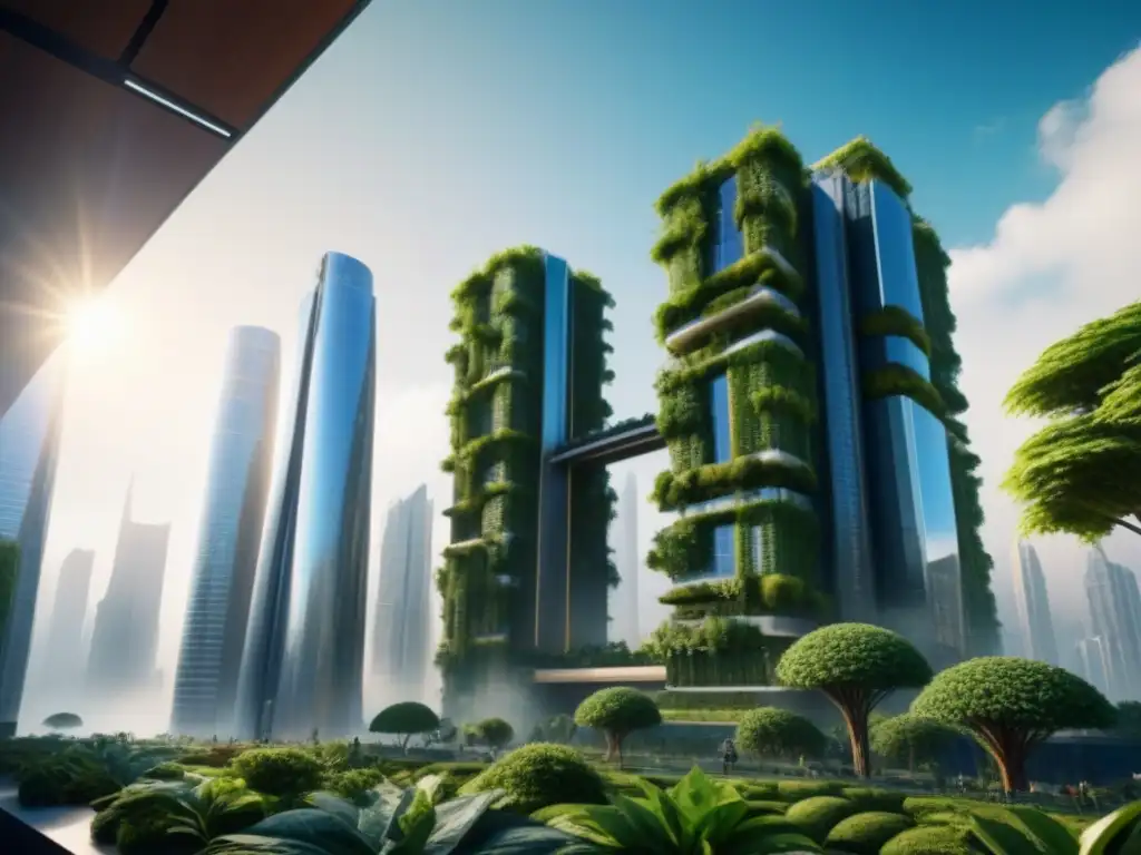 Metrópolis Futurista: Edificios Ecológicos en Armonía Ambiental Una ciudad futurista con edificios carbono negativo, jardines verticales y paneles solares