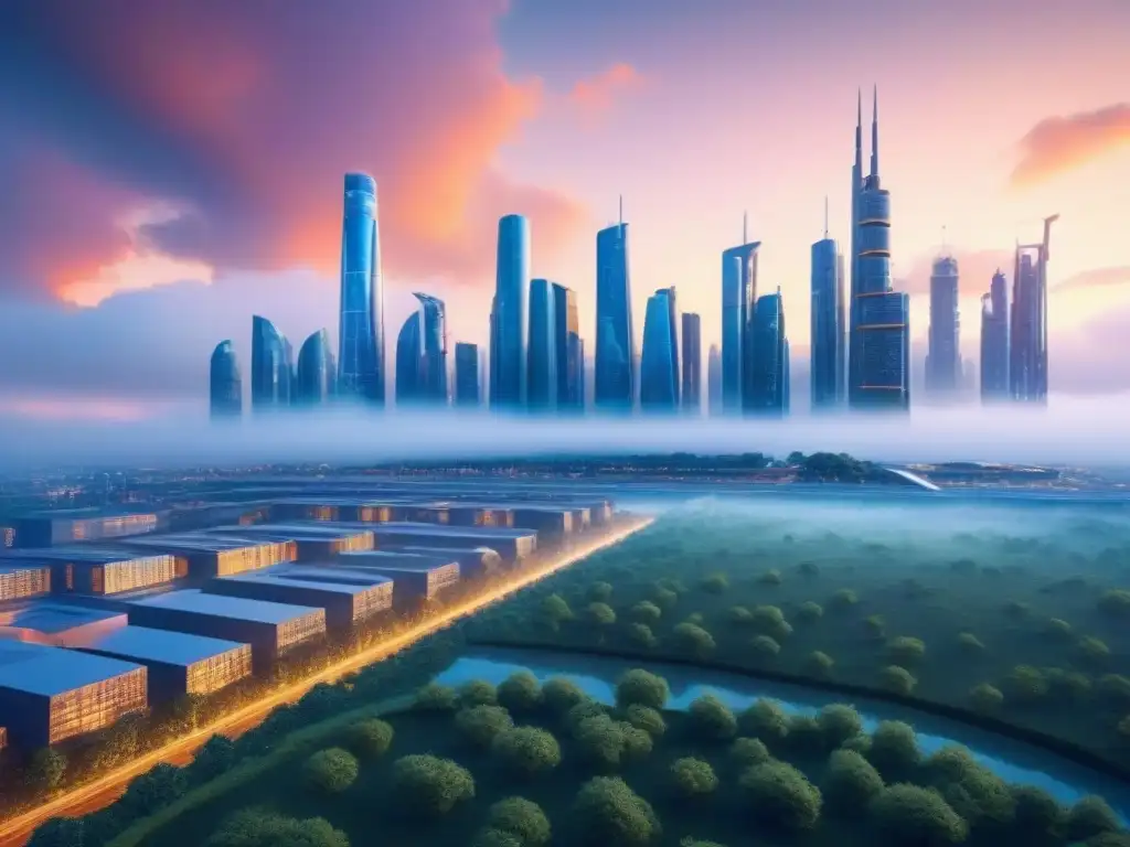 Avanzada ciudad futurista: IA, arquitectura moderna y sostenibilidad Una ciudad futurista con edificios controlados por IA, integrados con la naturaleza